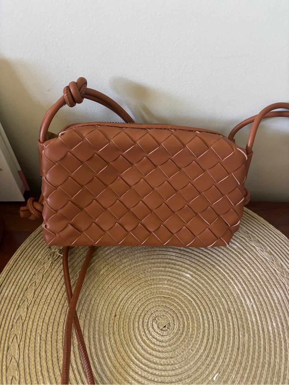 Woven Leather Crossbody Bag in Cognac